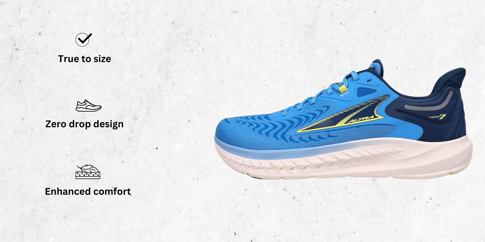 an image of Altra Men's Torin 7, 0 running shoes for morton's neuroma alongside its main features