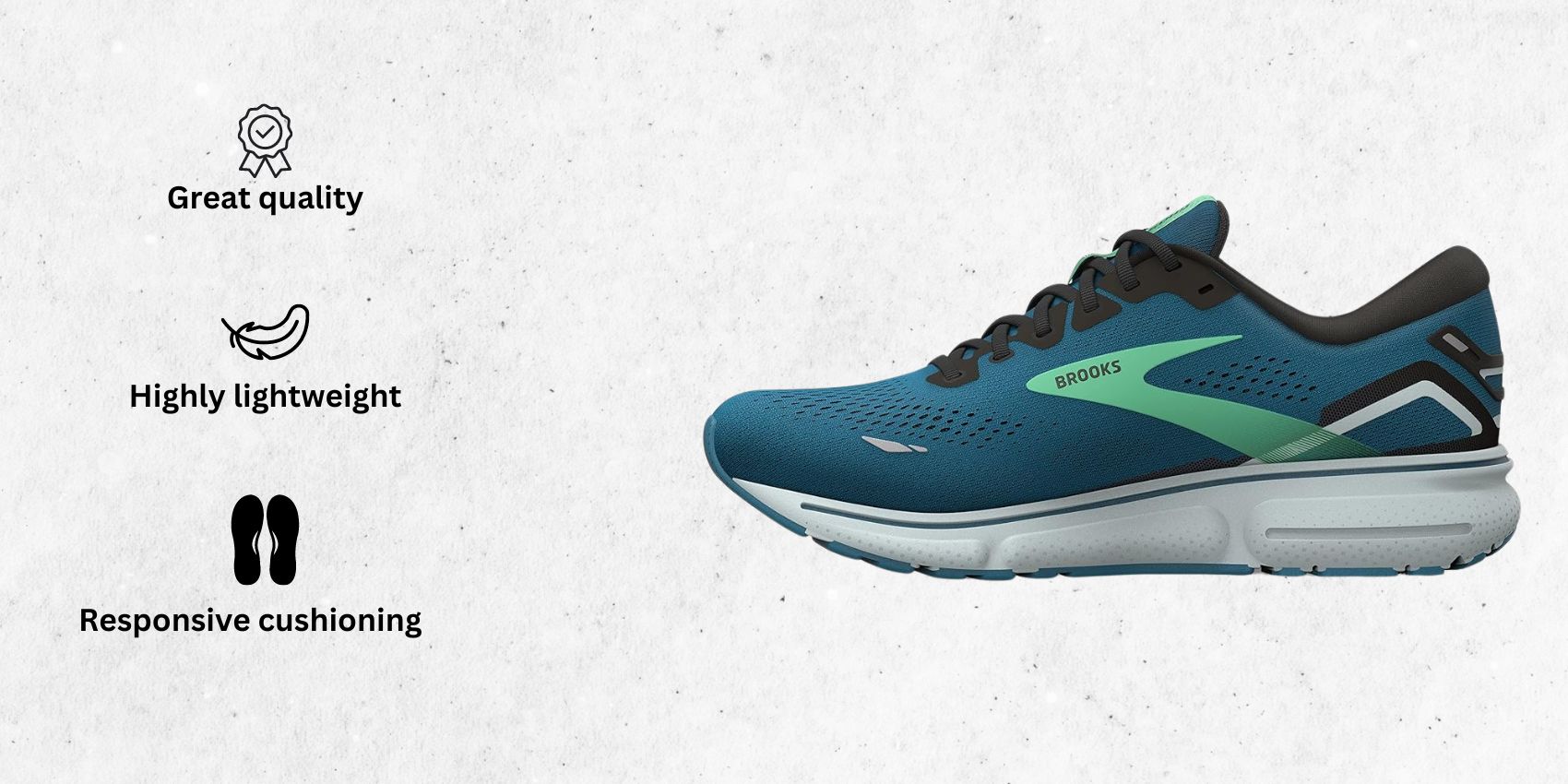 an image of Brooks Men's Ghost 15 Neutral Running Shoe for bunions alongside its main features