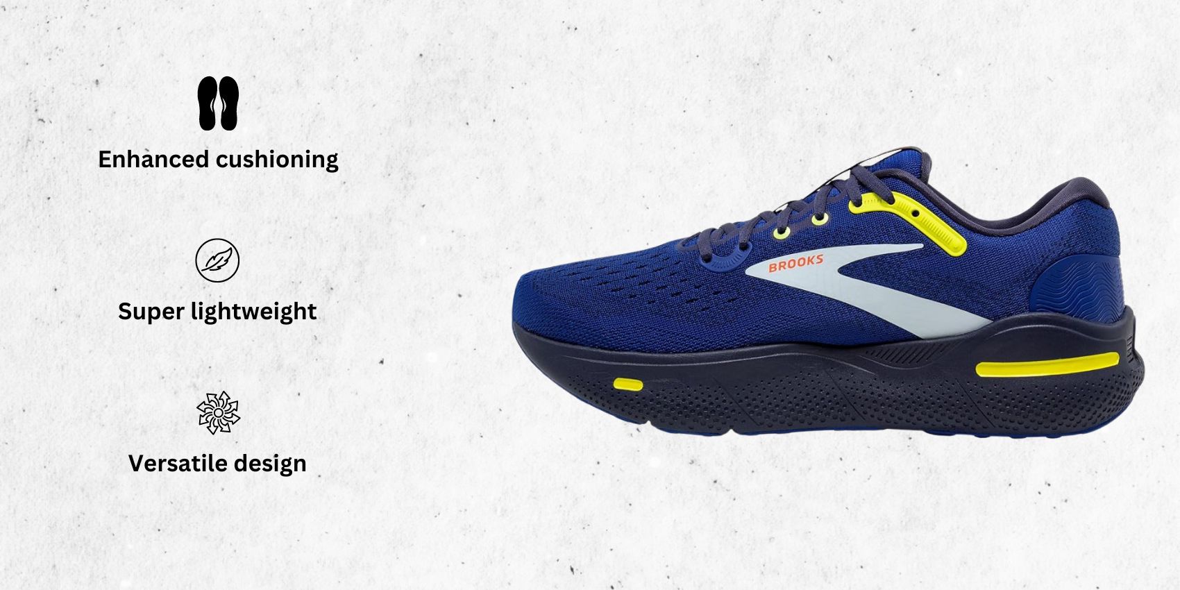 an image of Brooks Men’s Ghost Max Cushion Neutral Running & Walking Shoe for morton's neuroma alongside its main features (1)