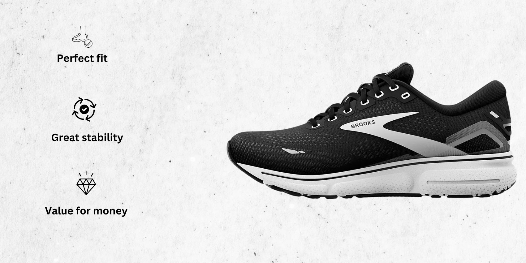 an image of Brooks Women's Ghost 15 Neutral Running Shoe for narrow feet alongside its main features