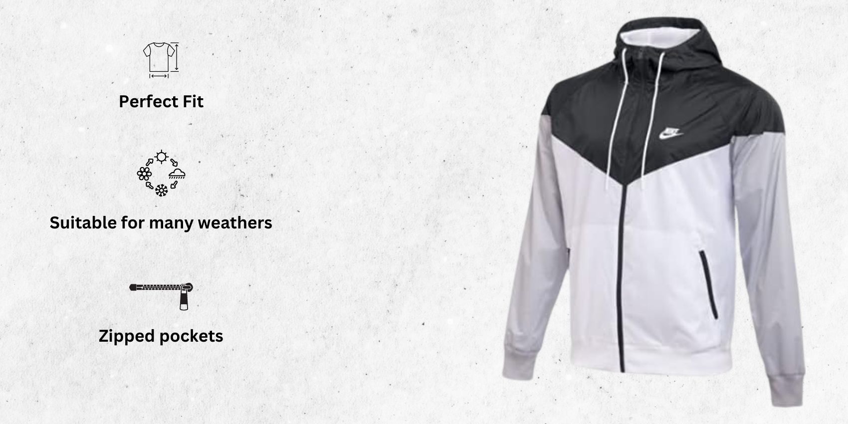 an image of NIKE TEAM MEN'S WINDRUNNER lightweight running JACKET Hooded Windbreaker alongside its main features