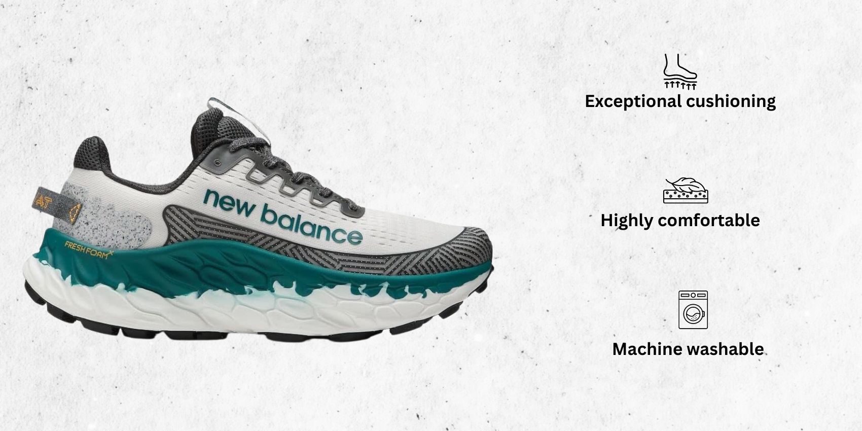 an image of New Balance Men's Fresh Foam X More Trail V3 Running Shoe for morton's neuroma alongside its main features