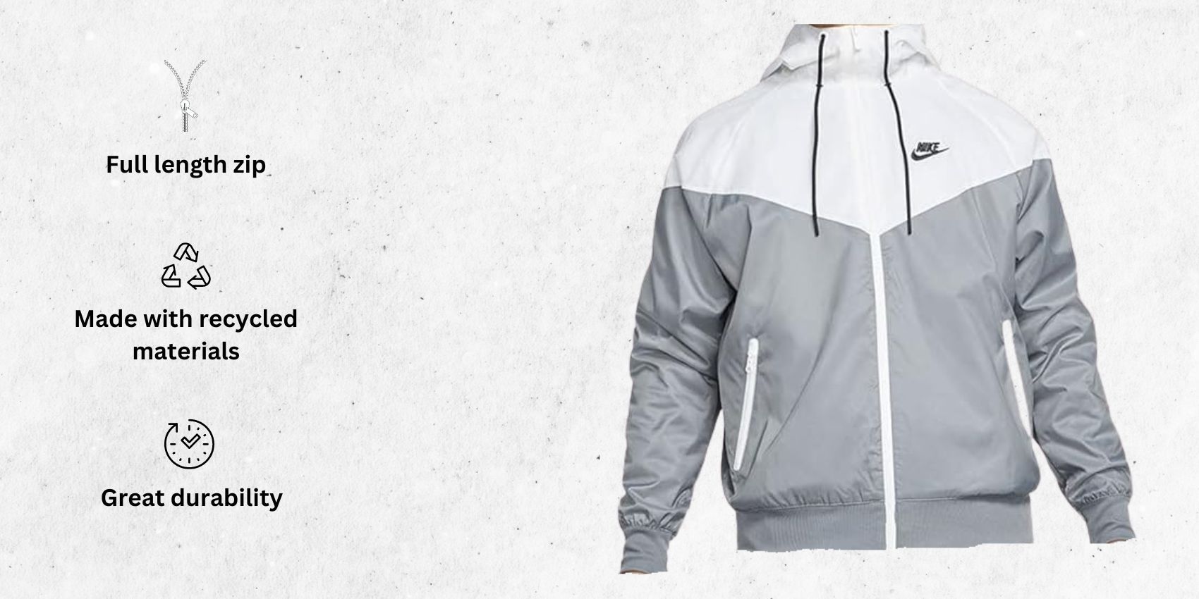 an image of Nike Sportswear Windrunner Men's Windbreaker lightweight running Jacket alongside its main features