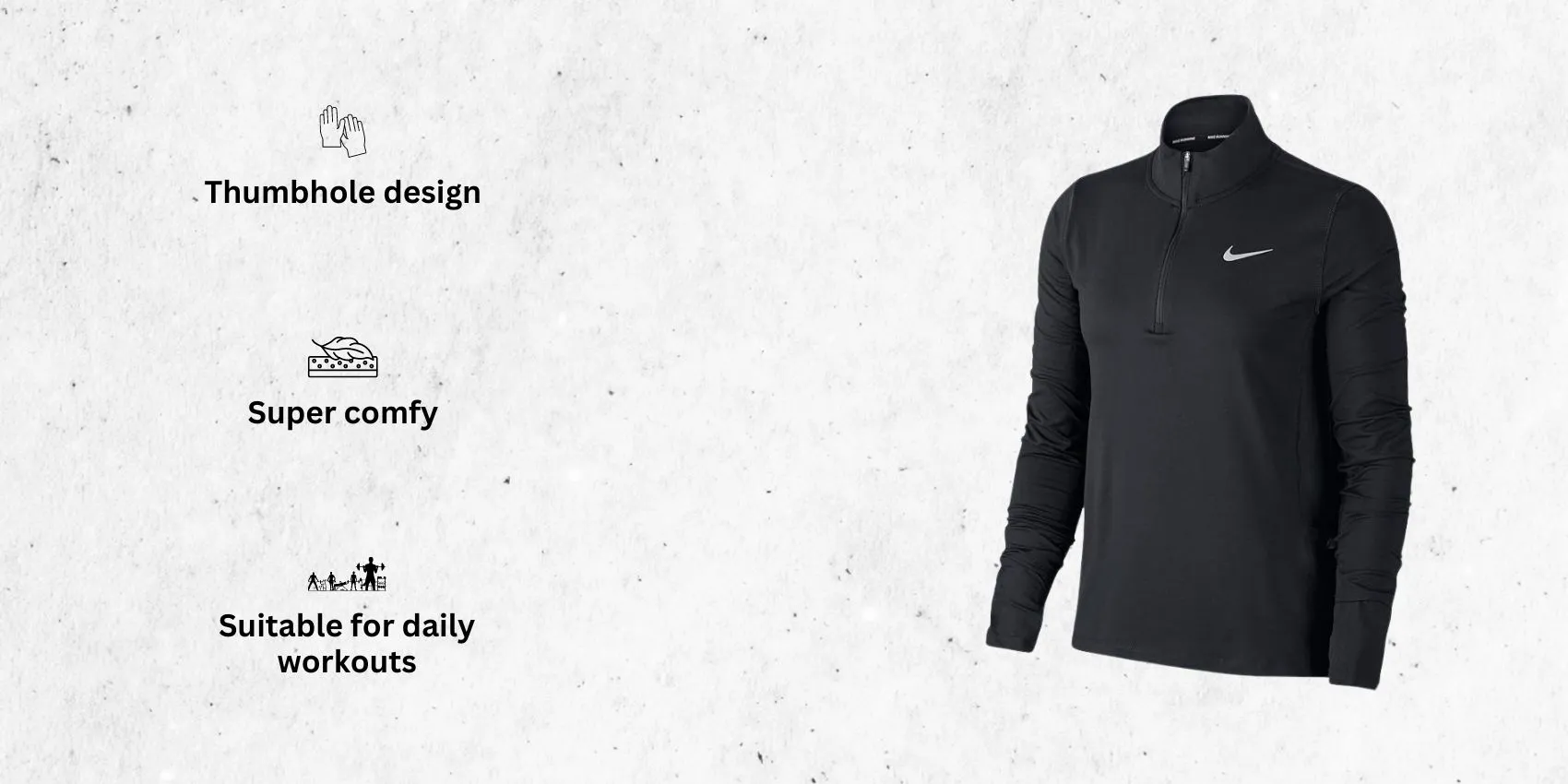 an image of Nike womens Running shirt for heavy sweaters alongside its main features