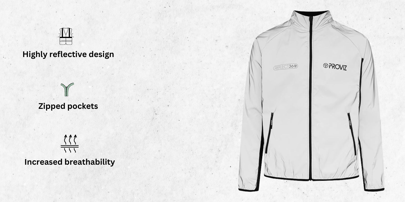 an image of Proviz Men's REFLECT360 Lightweight Reflective Running Jacket Hi Visibility Jogging Coat alongside its main features