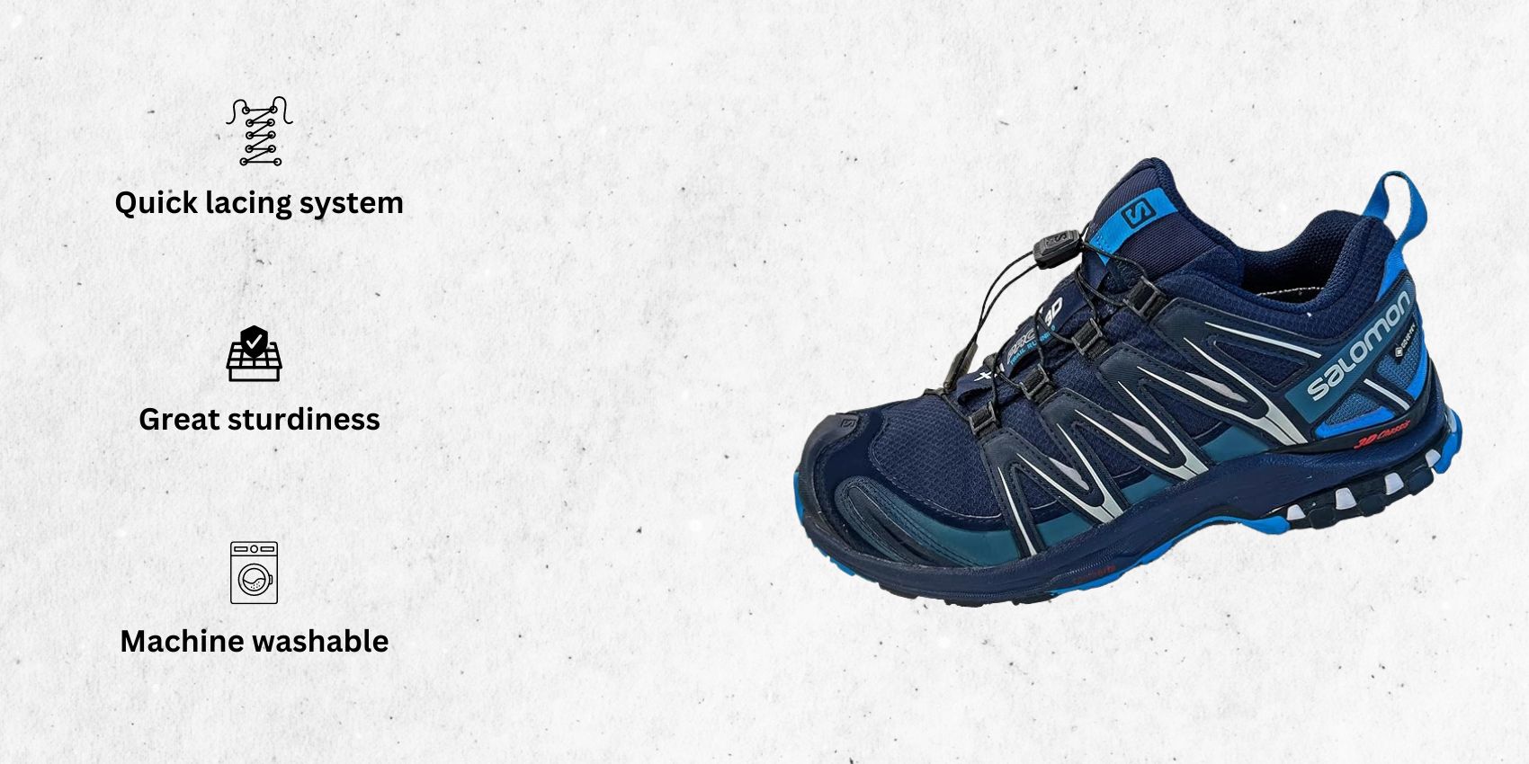 an image of Salomon Men's Xa Pro 3D Gore-tex Trail Running for mud runs alongside its main features