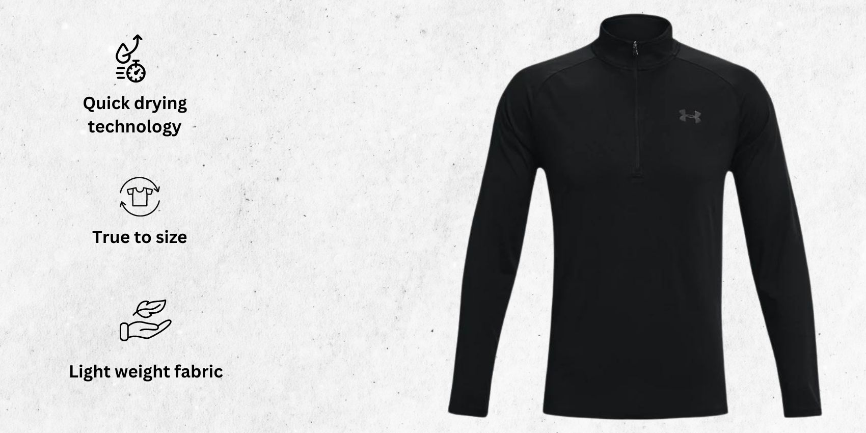 an image of Under Armour Men's UA Tech™ ½ Zip Long Sleeve MD Black lightweight running jacket alongside its main features