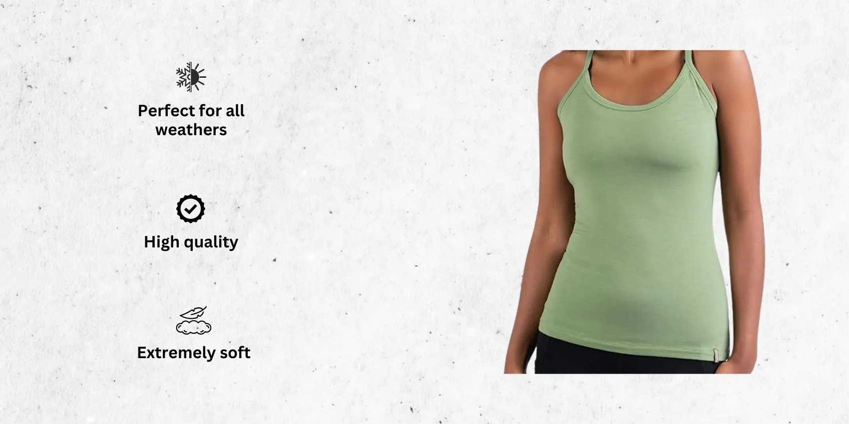 a product image of Women's Merino Wool Tank Top running shirt for heavy sweaters alongside its main features