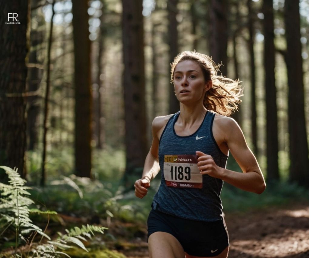 an image of a female runner running in the forest while training for a 7 mile long run