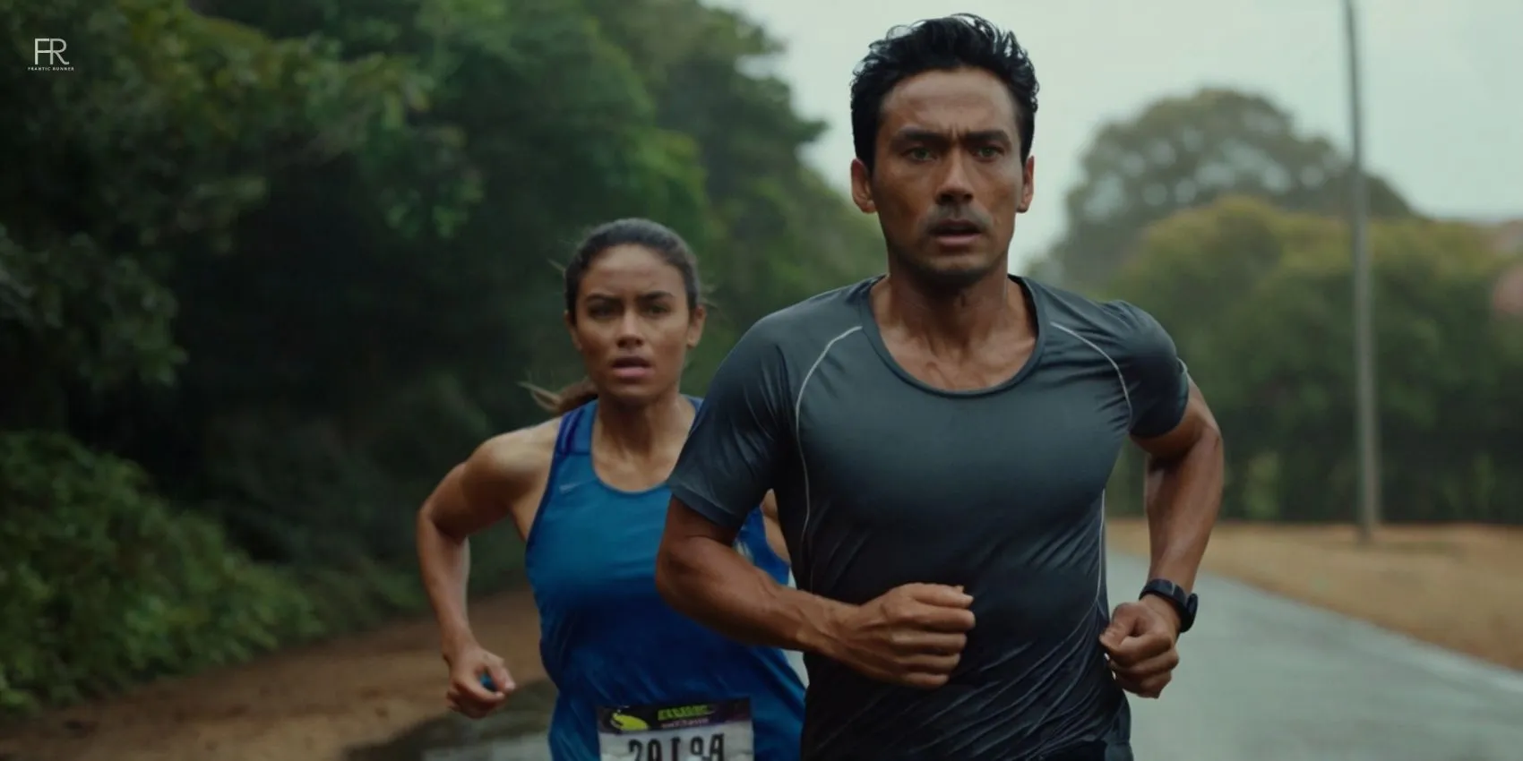 an image of a male & 1 female runner running on the road, sweating heavily while wearing 1 of the 11 best running shirts for heavy sweaters