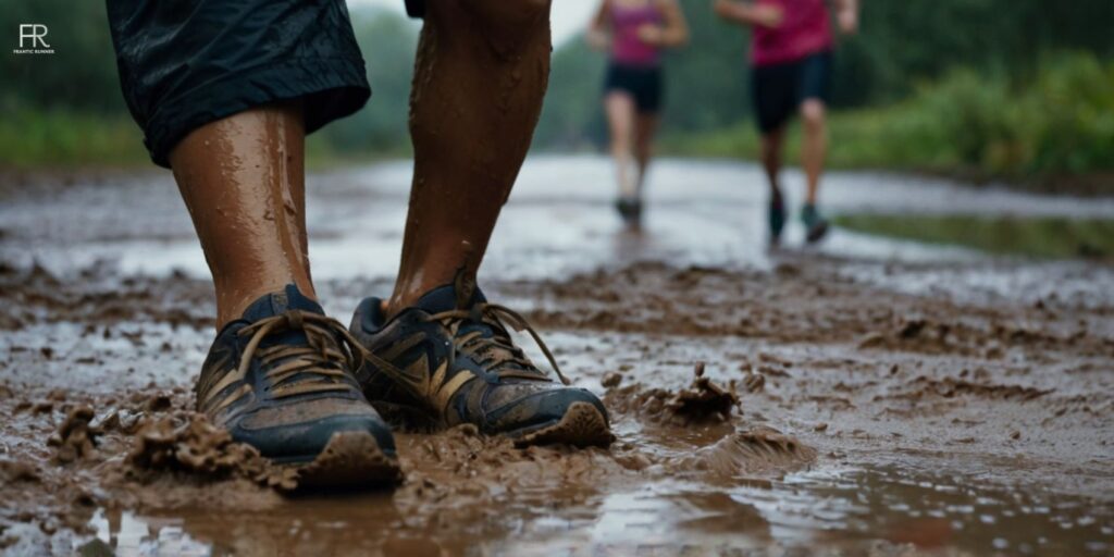 an image of a runner running wearing shoes for mud runs with other runners running in the background