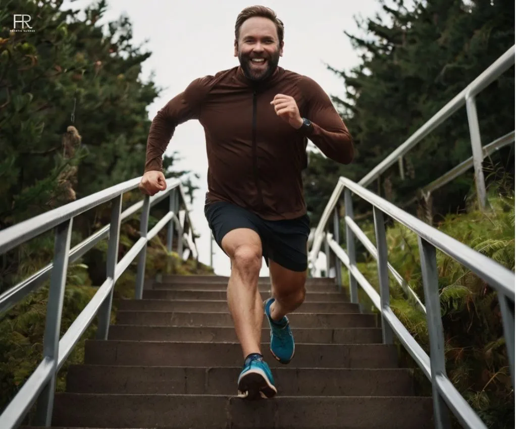 a close-up image of a runner running on the stairs while wear running gear, while trying to increase his height by running