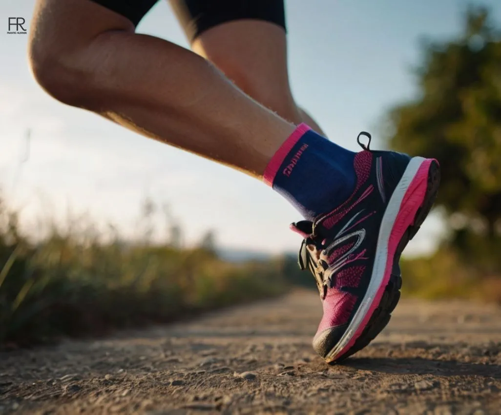 a close-up image of a runner running while wearing cushioned running socks with running shoes