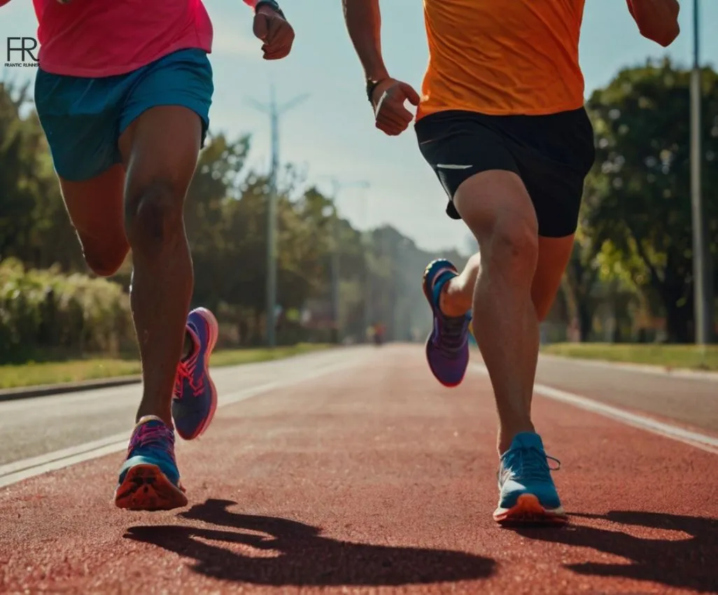 a close-up image of two runners running in the field while wearing vibrant colored gear and running shoes for hip pain