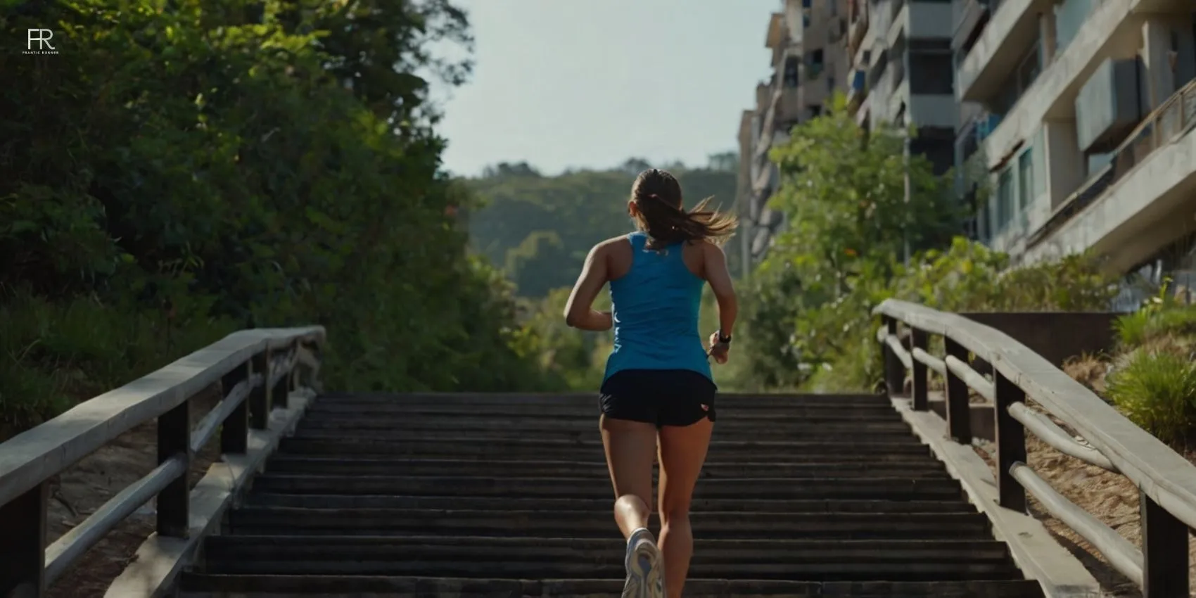 a female runner running on the stairs while wearing best women's running shorts with pockets