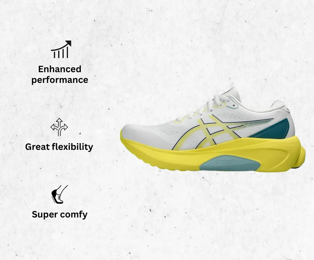 a product image of ASICS Men's GEL-KAYANO 30 Running Shoes for hip pain alongside its main features