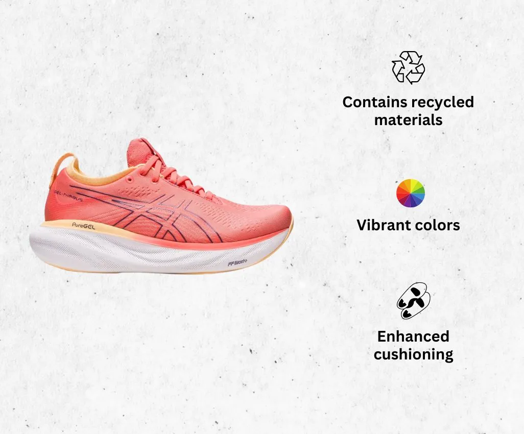 a product image of ASICS Women's GEL-NIMBUS 25 Running shoes for hip pain alongside its main features