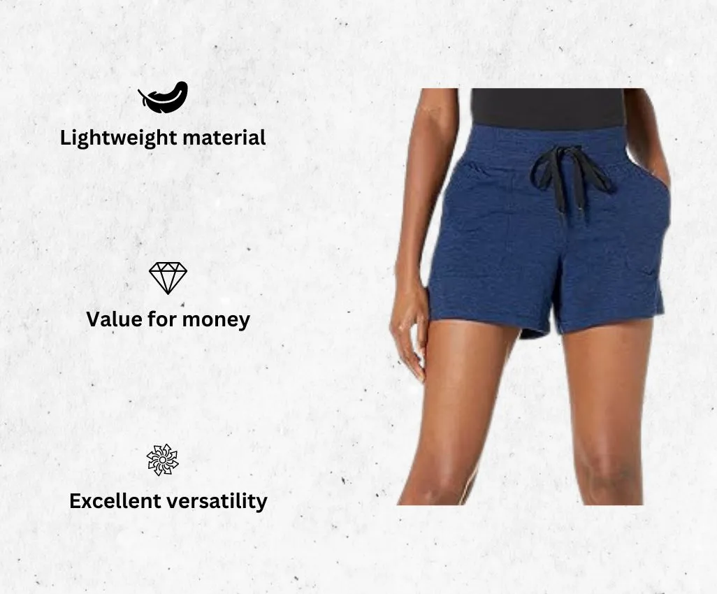 a product image of Amazon Essentials Women's Brushed Tech Stretch women's running shorts with pockets alongside its main features