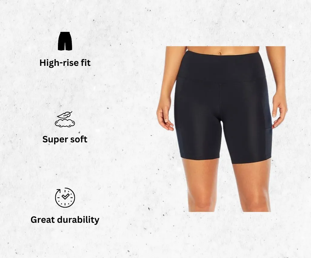 a product image of Bally Total Fitness Women's High Rise 7 women's running shorts with pockets alongside its main features