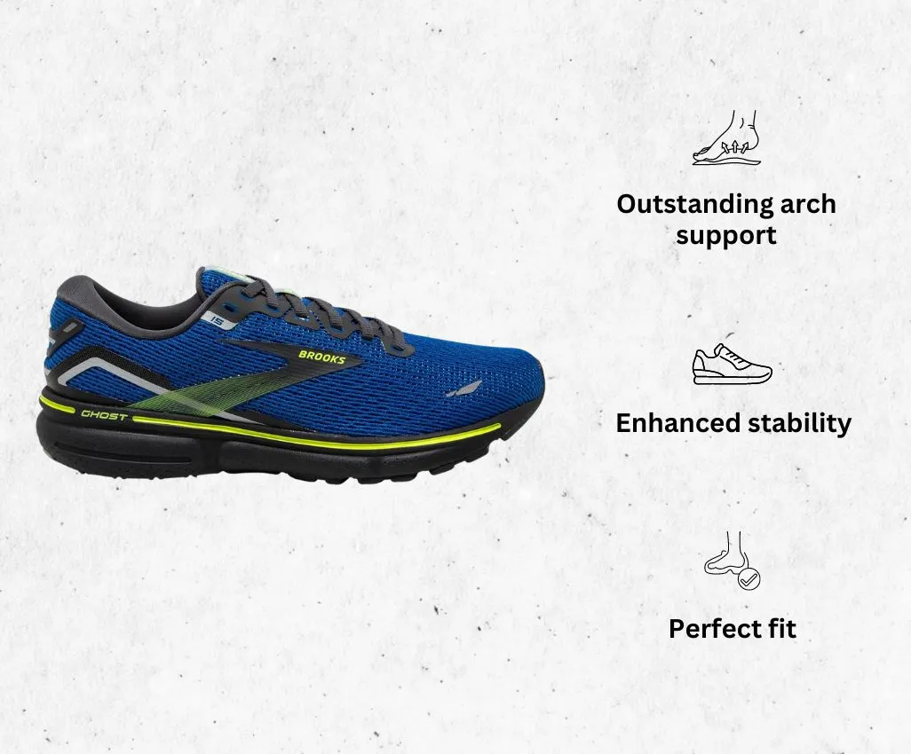 a product image of Brooks Men's Ghost 15 Neutral Running Shoes for hip pain alongside its main features