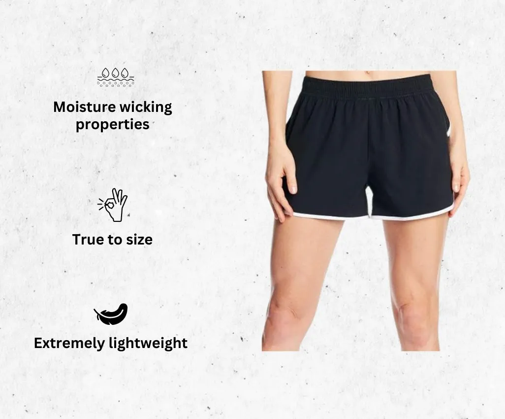 a product image of C9 Champion Women's 3.5 Woven women's running shorts with pockets alongside its main features