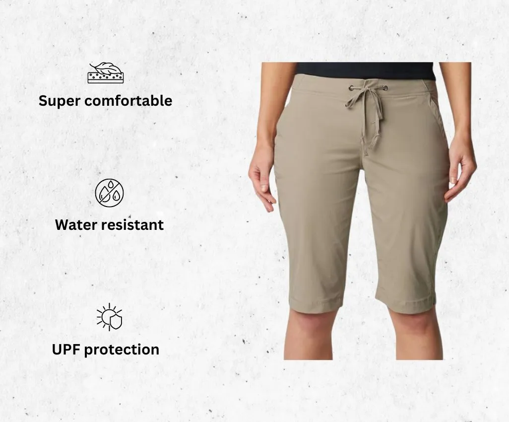 a product image of Columbia Women's Anytime Outdoor Long women's running shorts with pockets alongside its main features