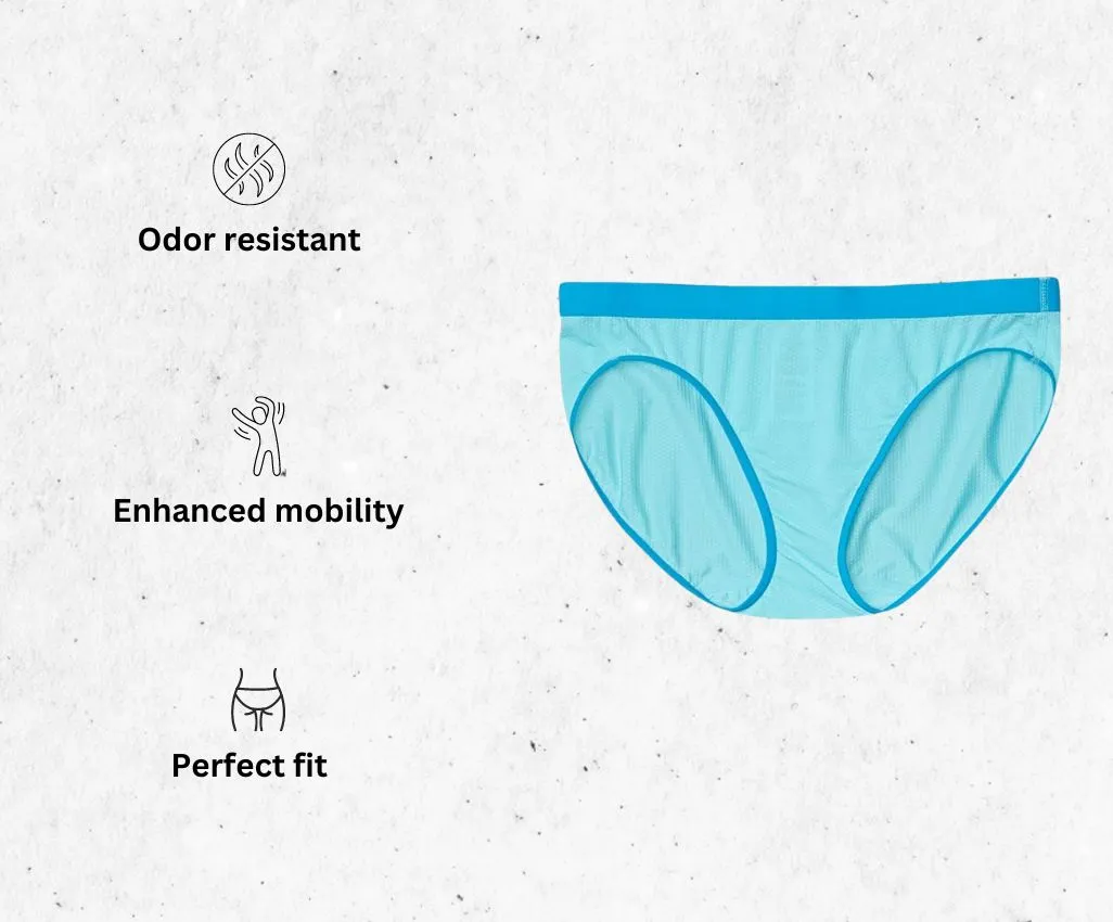 a product image of ExOfficio Women's Give-n-go Sport 2.0 Hipster women's running underwear to prevent chafing alongside its main features