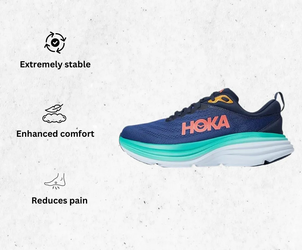 a product image of Hoka One One Women's Sneaker and running shoes for forefoot strikers alongside its main features