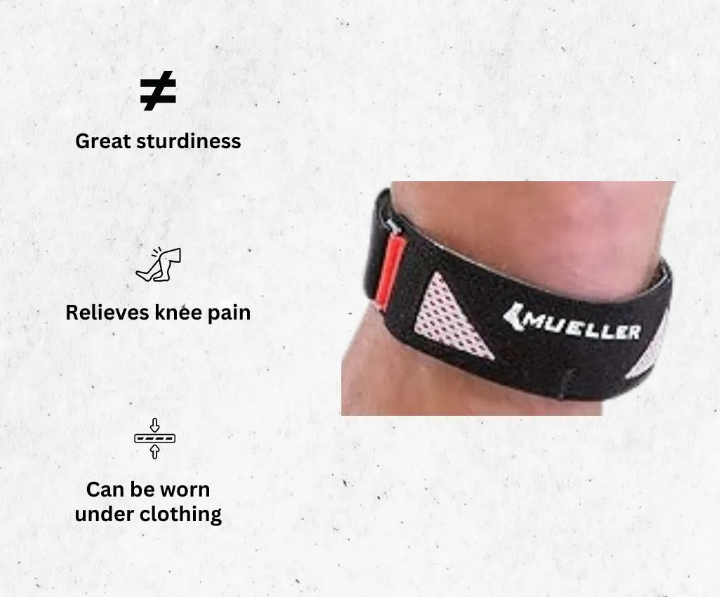 a product image of MUELLER Sports Medicine Advanced SportCare Patella knee brace for runners alongside its main features