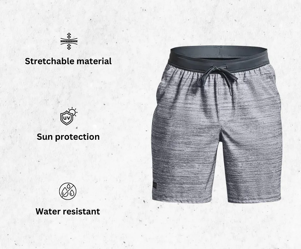 a product image of Men's Shorebreak 2-in-1 men's running shorts alongside its main features