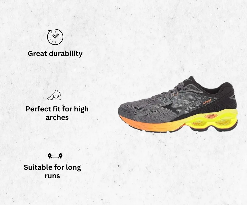 an image of Mizuno Men's Wave Creation 20 Running Shoe for hip pain alongside its main features