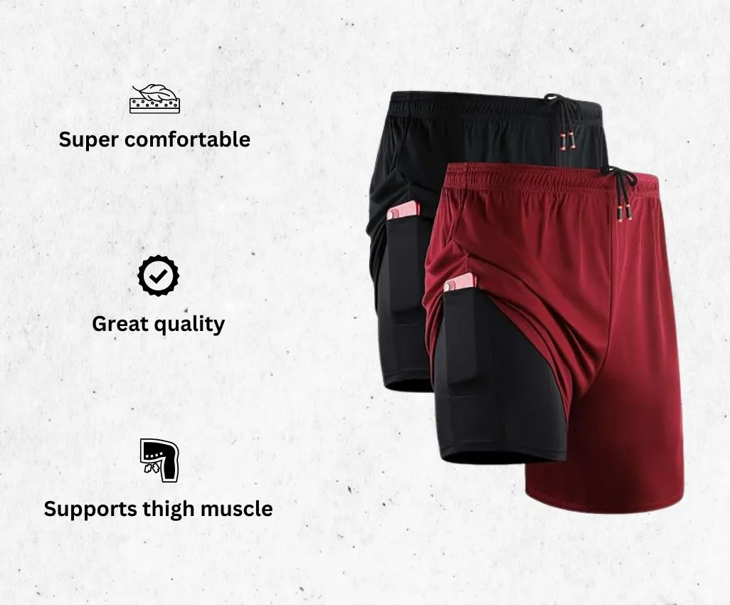 a product image of NELEUS Men's 2 in 1 Running Shorts with Liner alongside its main features