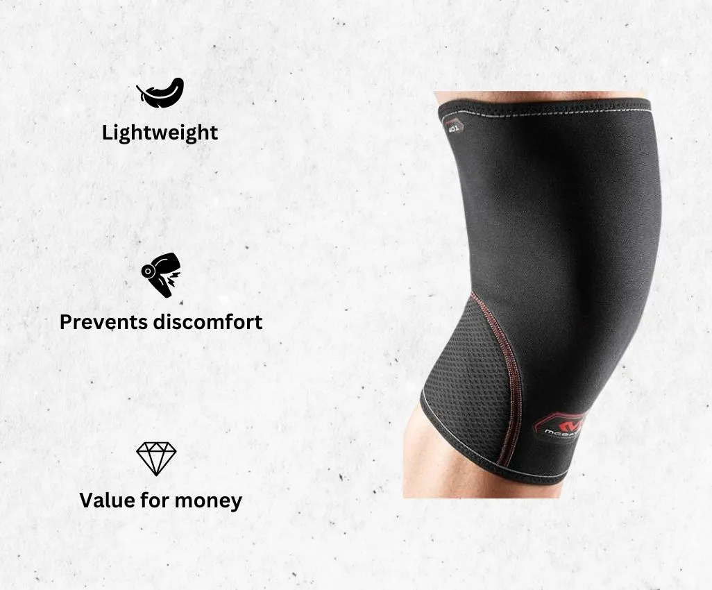 a product image of Neoprene Knee Support McDavid Knee brace for runners alongside its main features