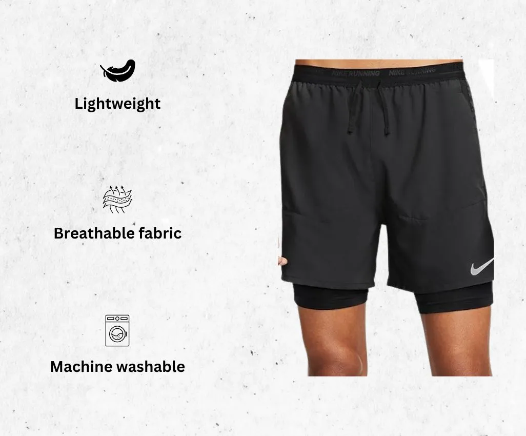 a product image of Nike Dri-FIT Stride Men's 5 2-in-1 Running Shorts alongside its main features