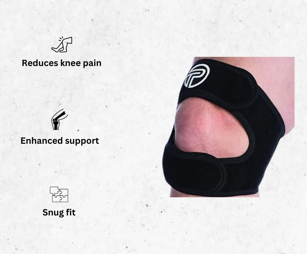 a product image of Pro-Tec Athletics X-Trac Knee brace for runners alongside its main features