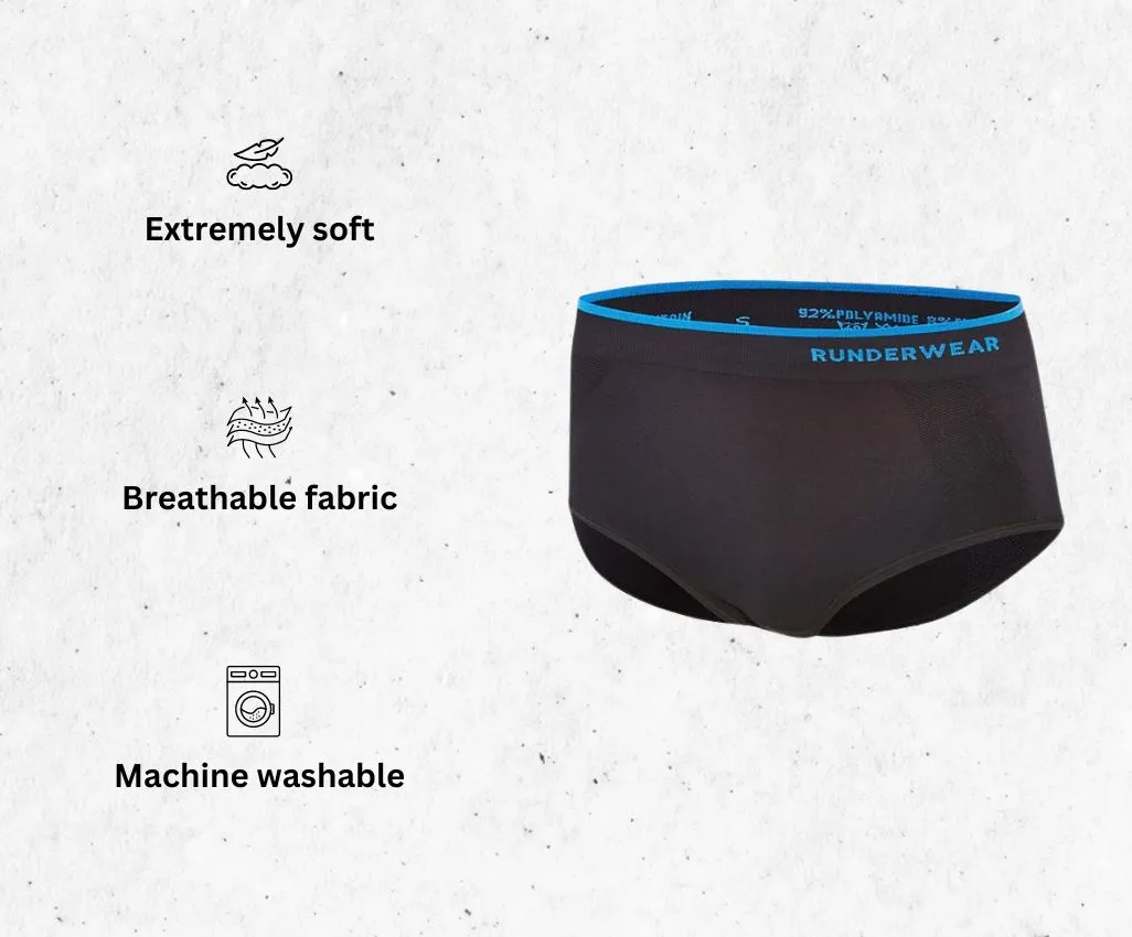 a product image of Runderwear Women's Anti-Chafing Briefs women's running underwear alongside its main features