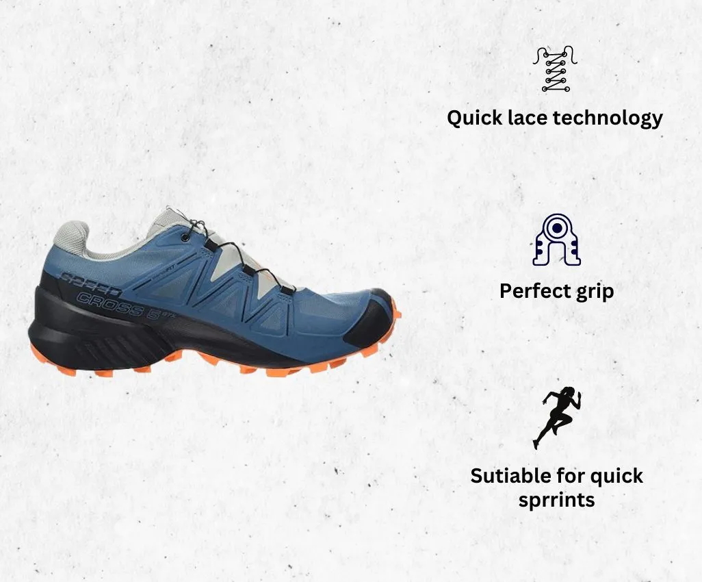 a product image of Salomon Men's Speedcross 5 Gore-tex Trail Running Shoes for forefoot strikers alongside its main features