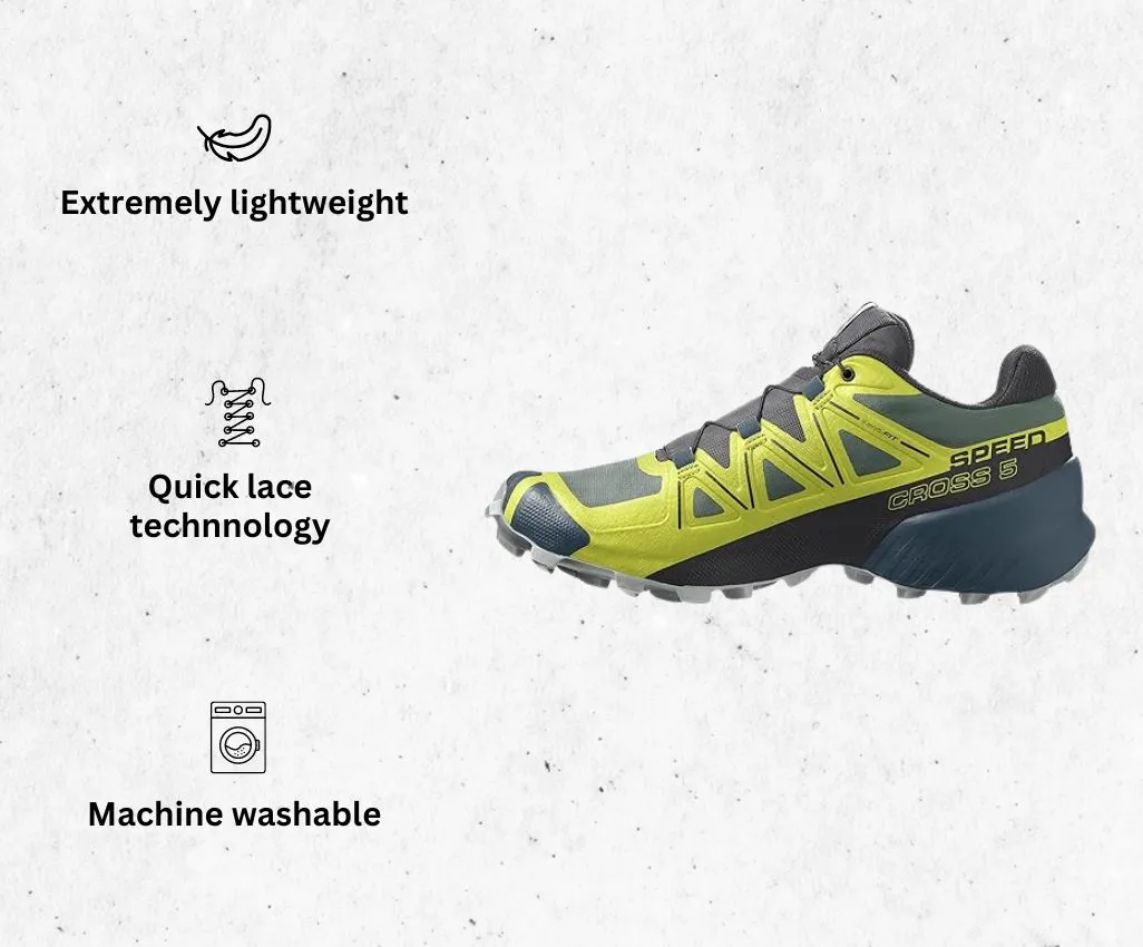 a product image of Salomon Mens Speedcross 5Trail Running Shoes for hip pain alongside its main features