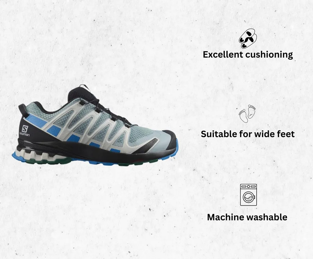 an image of Salomon Men's Xa Pro 3D V8 Trail Running Shoes for hip pain alongside its main features