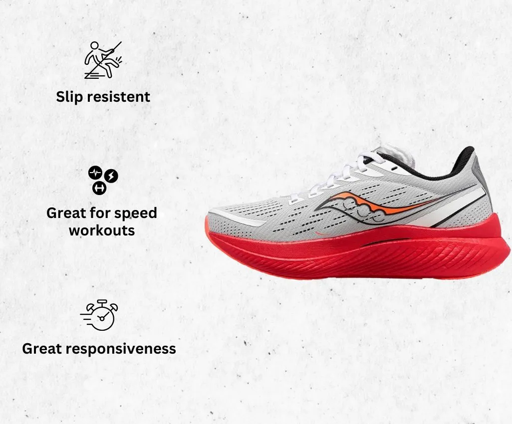 a product image of Saucony Men's Endorphin Speed 3 Running Shoe for forefoot strikers alongside its main features