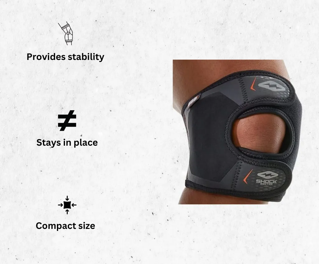 a product image of Shock Doctor KneePatella Support Wrap with Dual Strap Compression knee brace for runners alongside its main features