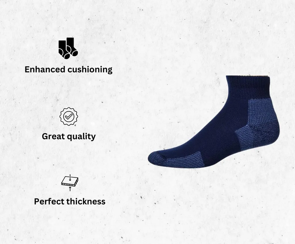 a product image of Thorlos Jmx Maximum Cushioned Ankle Running Socks alongside its main features