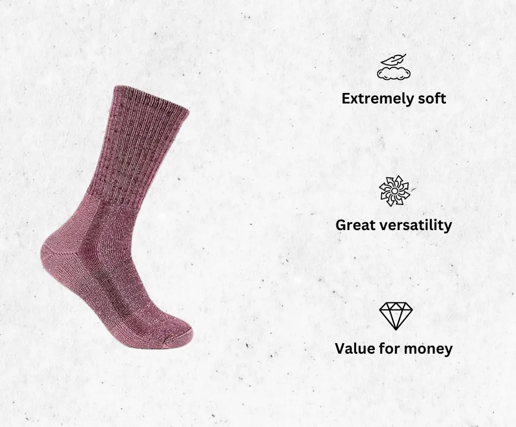 a product image of Thorlos Women's LTH Thick Padded Light Weight Crew Hiking cushioned running socks alongside its main features