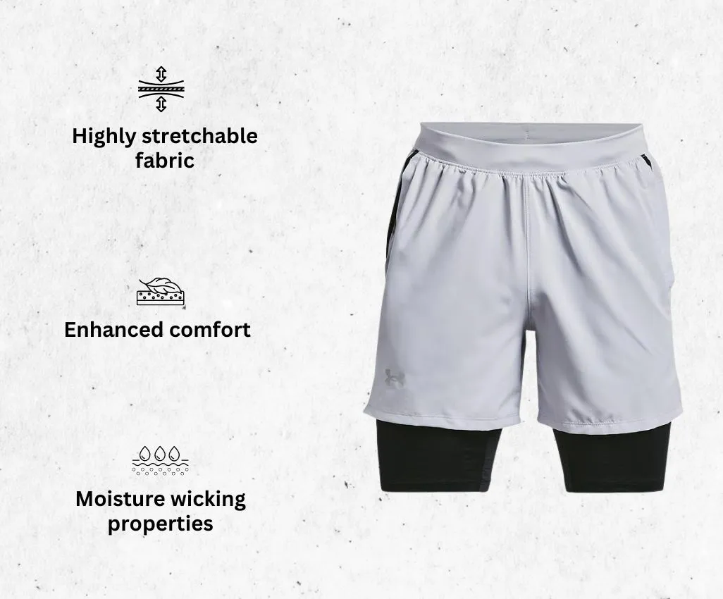 a product image of Under Armour Men's Launch Run 5-inch 2-in-1 men's running shorts alongside its main features