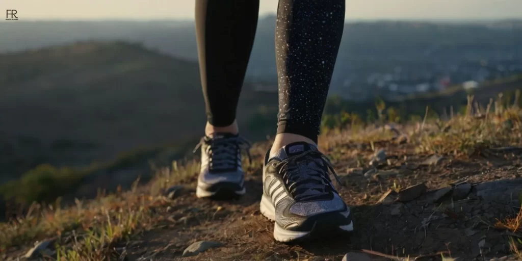 a woman wearing men's running shoes while running on the hills