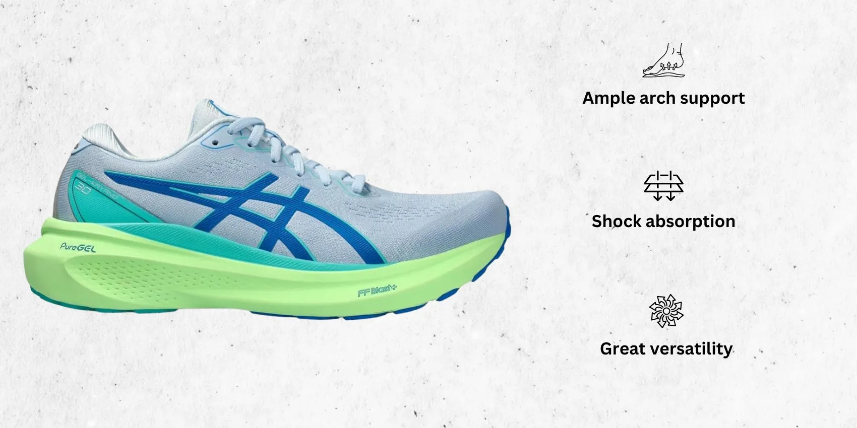 an image of ASICS Men's Gel-Kayano 30 Running Shoes for forefoot strikers alongside its main features