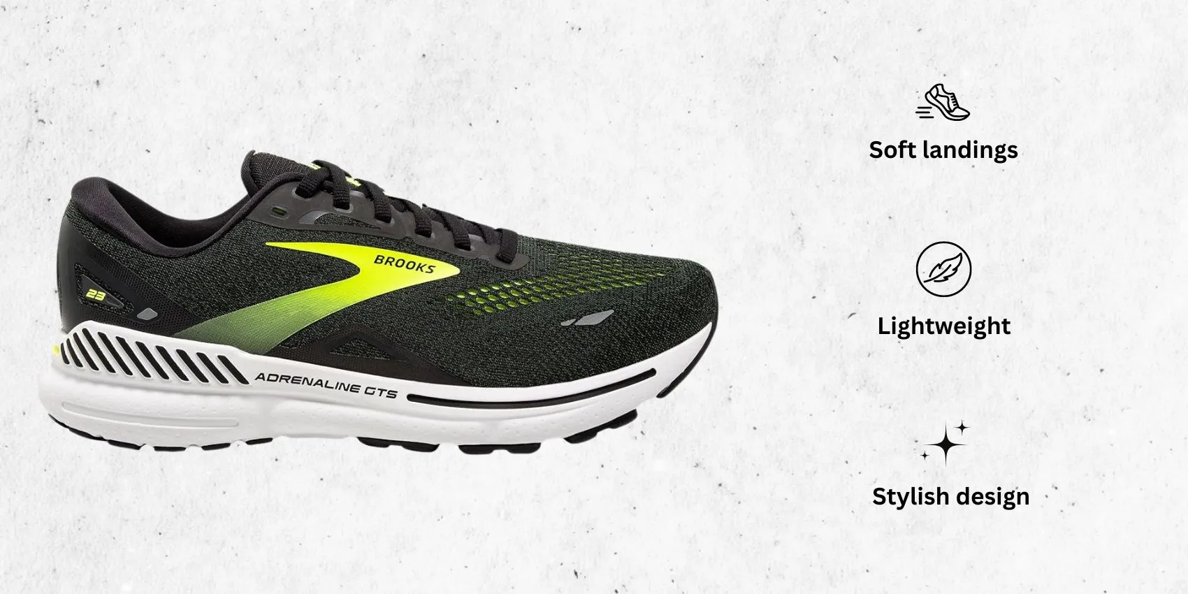 an image of Brooks Men’s Adrenaline GTS 23 Supportive Running Shoe for forefoot strikers alongside its main features