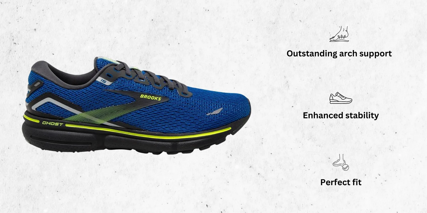 an image of Brooks Men's Ghost 15 Neutral Running Shoes for hip pain alongside its main features