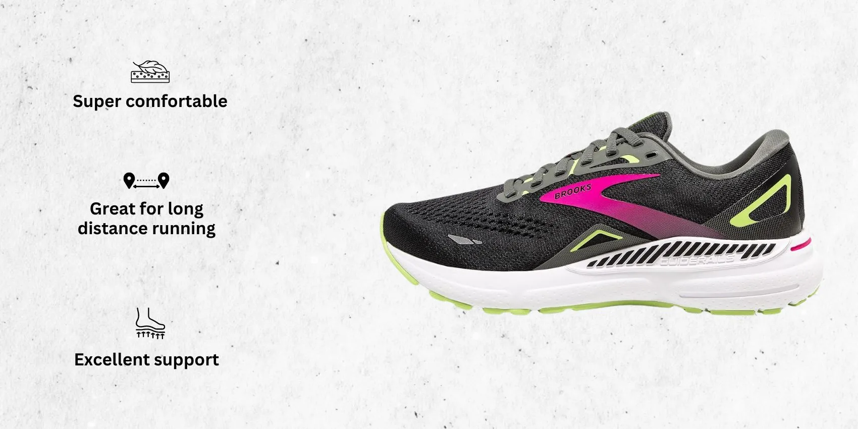 an image of Brooks Women’s Adrenaline GTS 23 Supportive Running Shoes for hip pain alongside its main features