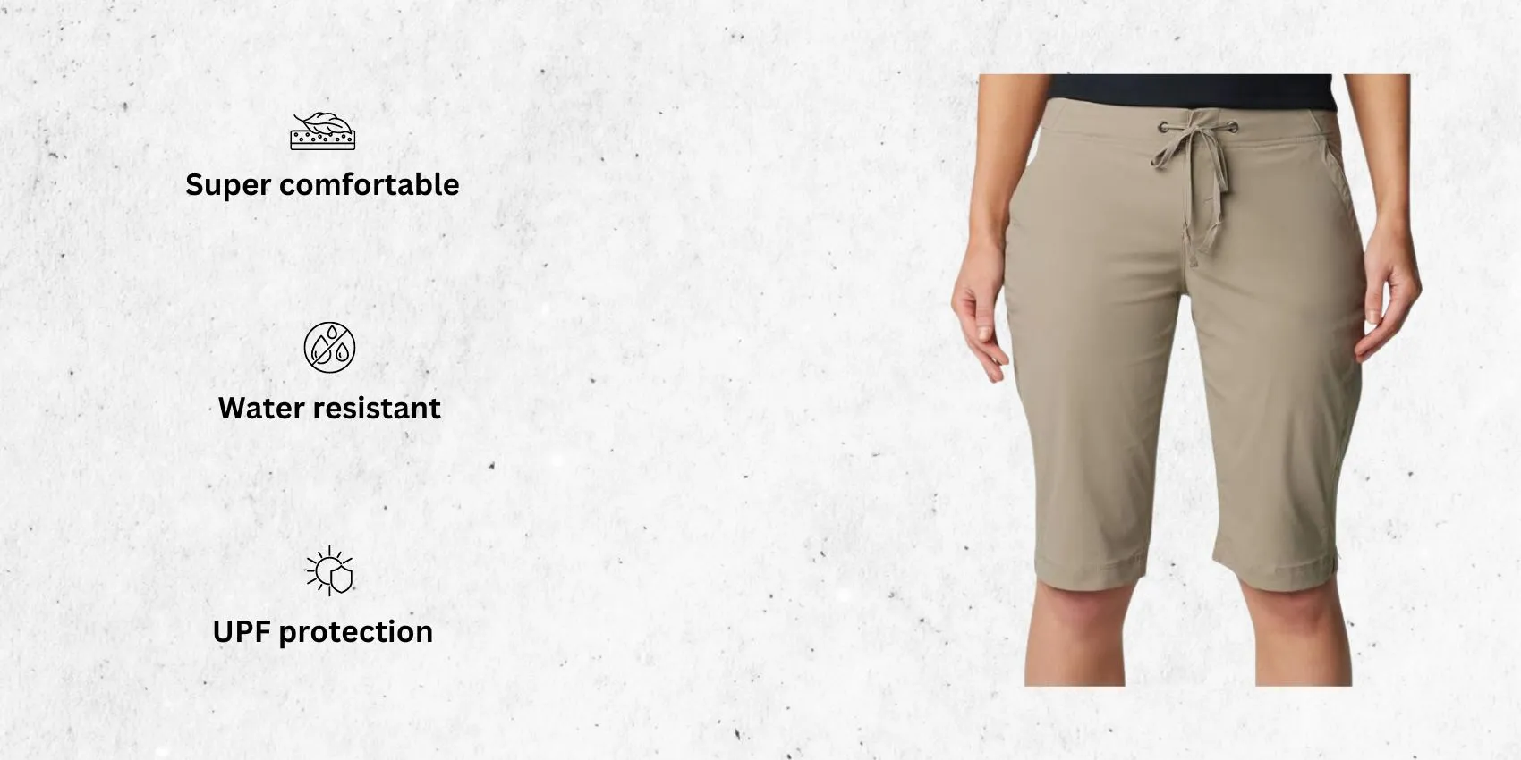 an image of Columbia Women's Anytime Outdoor Long women's running shorts with pockets alongside its main features